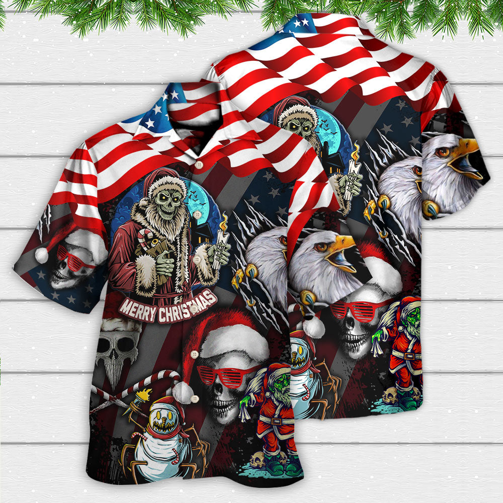 Skull Christmas US Flag Skeleton And Eagle Xmas Vibe - Hawaiian Shirt - Reefox