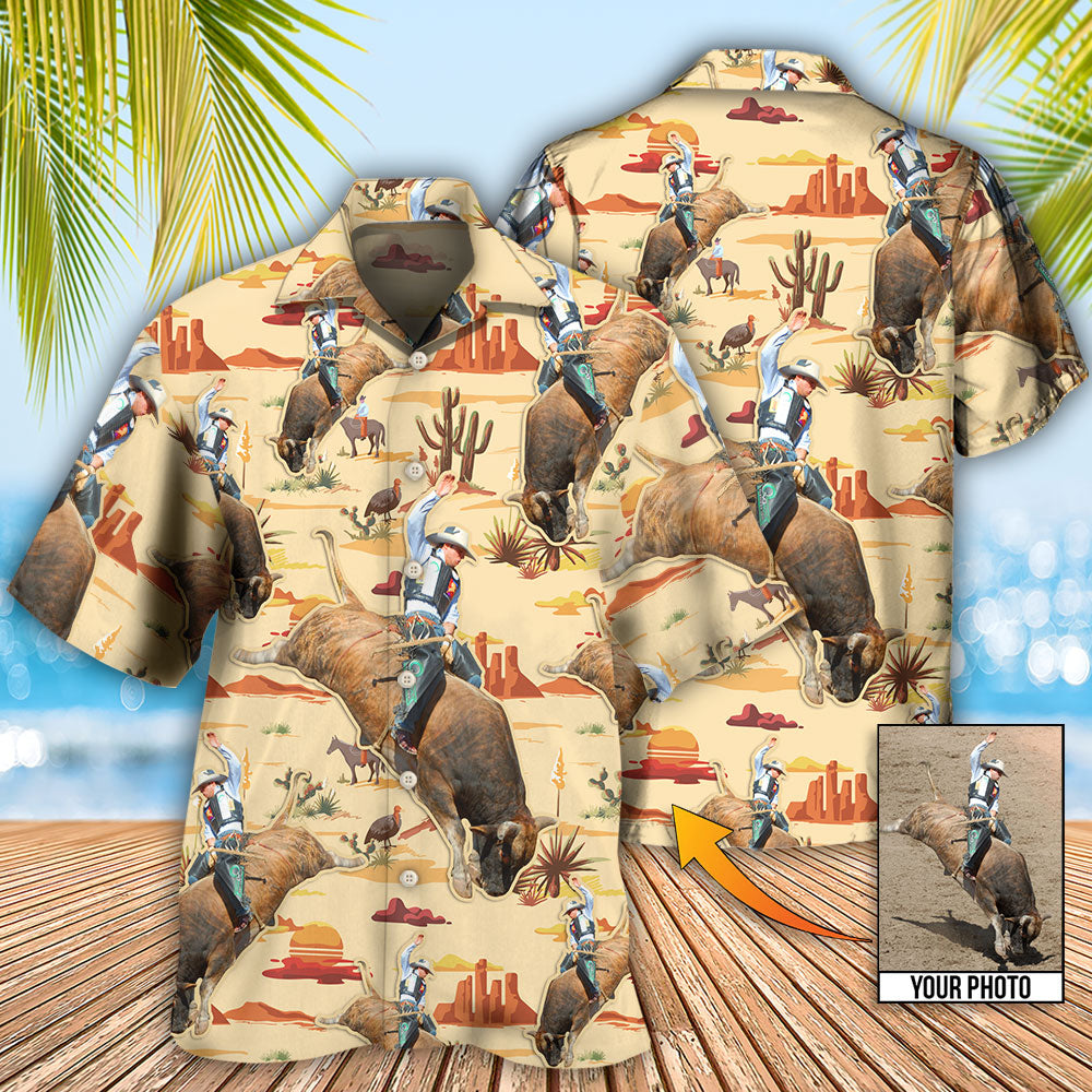 Cowboy Bull Riding Tropical Custom Photo - Hawaiian Shirt - Reefox
