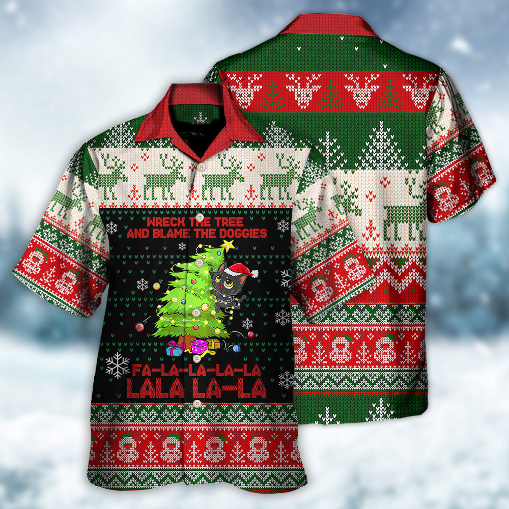 Cat Wreck The Tree Christmas Tree Light Funny Ugly Style - Hawaiian Shirt - Reefox
