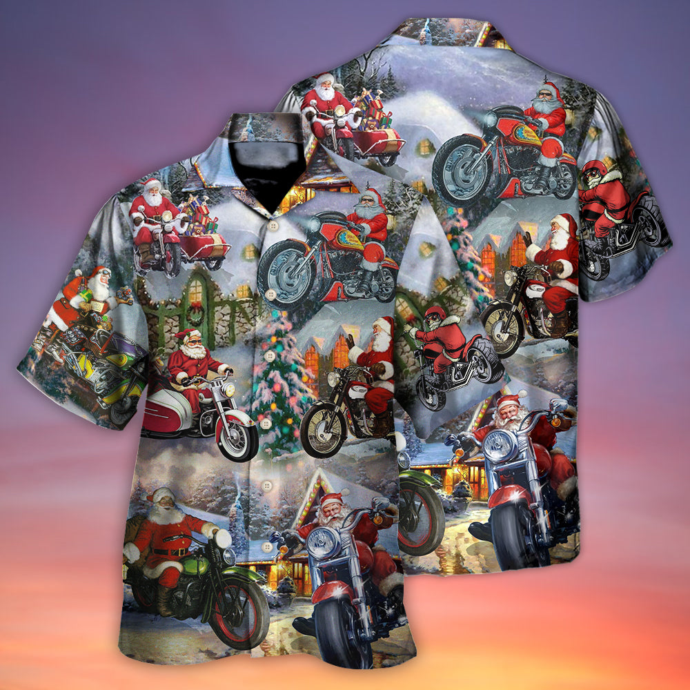 Christmas Santa Claus Driving Motorcycle Bike Gift Light Art Style - Hawaiian Shirt - Reefox