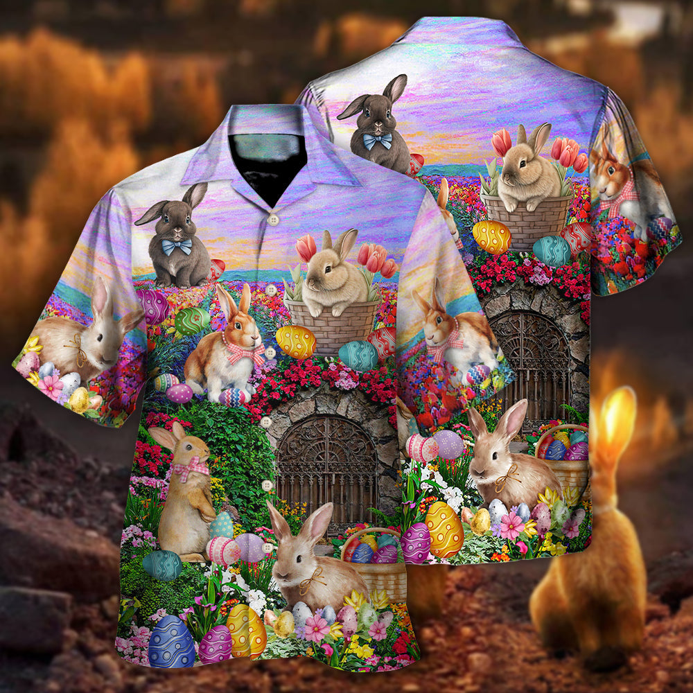 Easter Rabbit Chilling In The Flower Landscape Watercolor Style - Hawaiian Shirt - Reefox