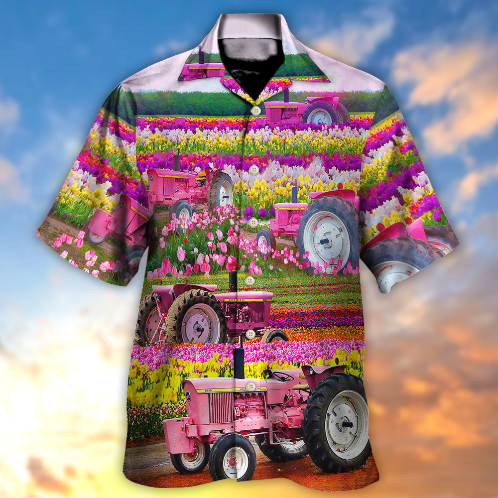 Tractor In Field Tulip Rural Landscape Majestically - Hawaiian Shirt - Reefox