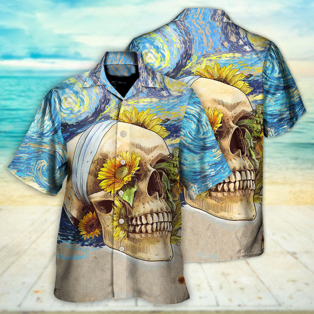 Skull And Sunflower Vintage Amazing Starry Night - Hawaiian Shirt - Reefox