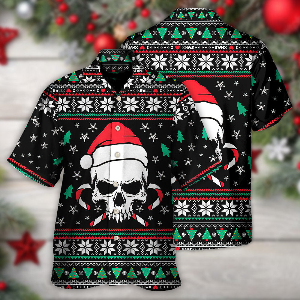 Christmas Skull Wearing Santa Claus Hat And Sweat Candy - Hawaiian Shirt - Reefox