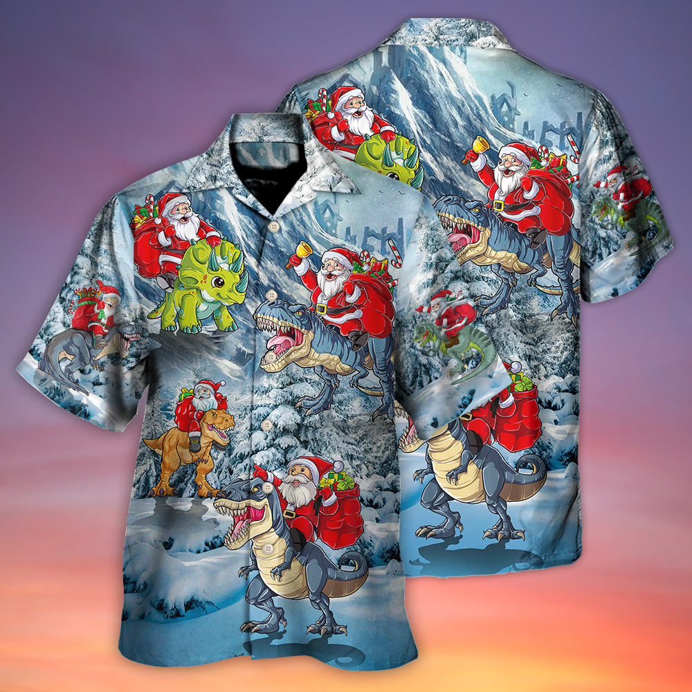 Christmas Santa Claus Riding Dinosaur Christmas Tree Gift Light Art Style - Hawaiian Shirt - Reefox