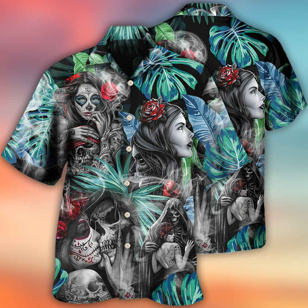 Skull Tropical White Smoke Red Flower - Hawaiian Shirt - Reefox