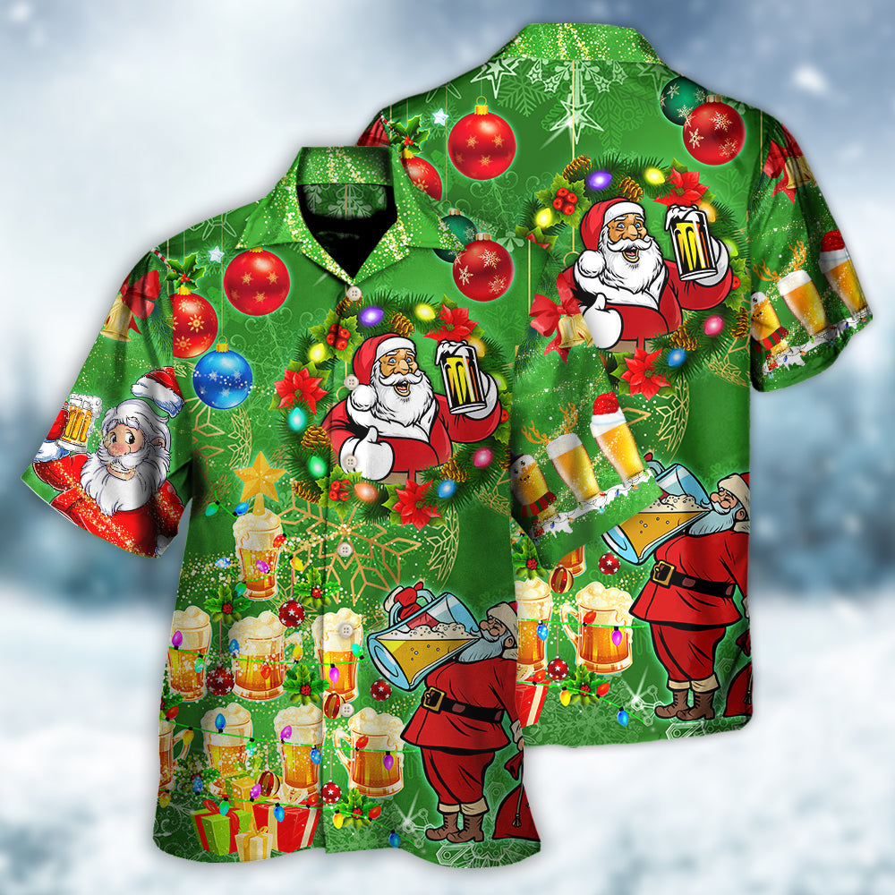 Christmas Funny Santa Claus Drinking Beer Happy Christmas Tree Green Light - Hawaiian Shirt - Reefox