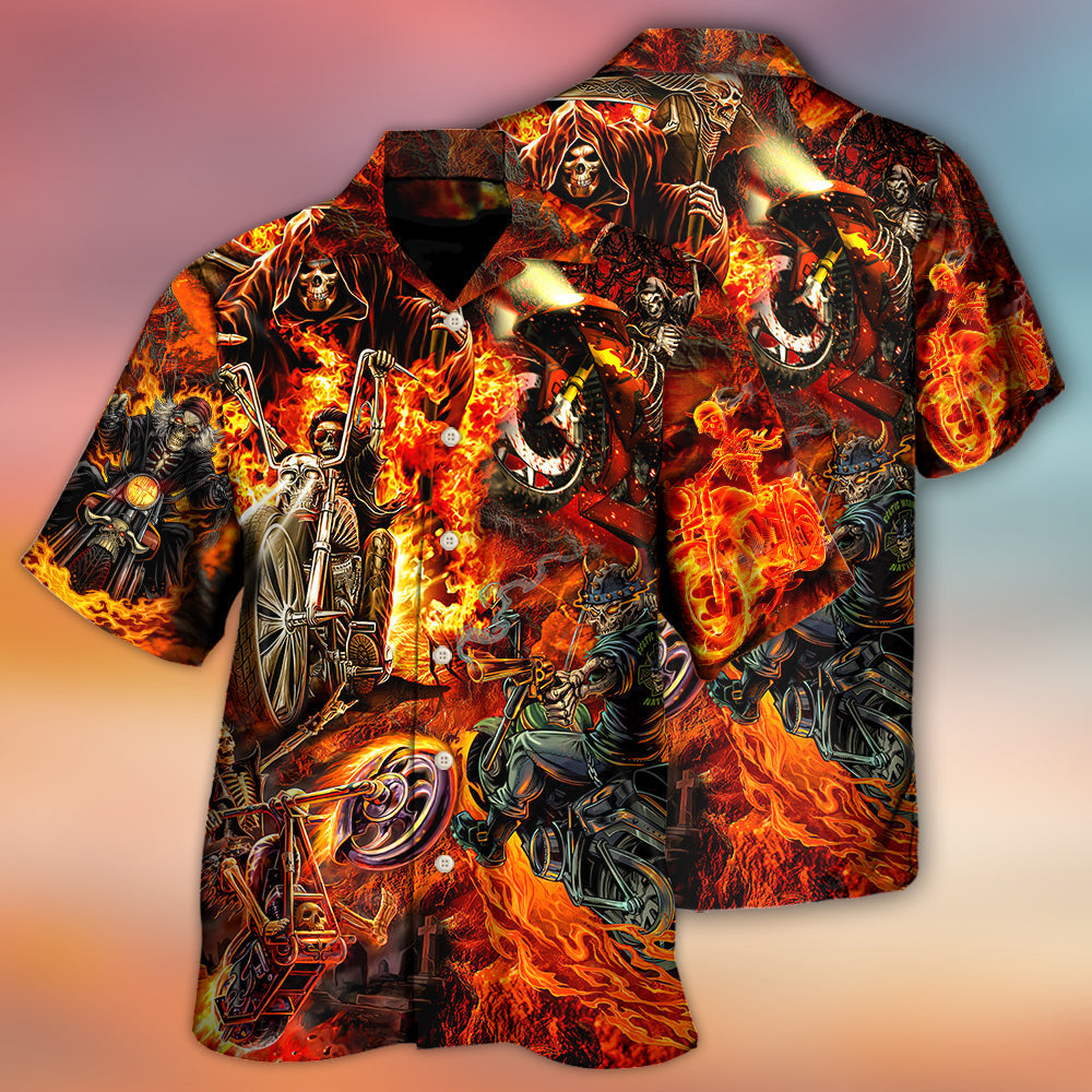 Motorcycle Lover Skull Fire Burning Art Style - Hawaiian Shirt - Reefox