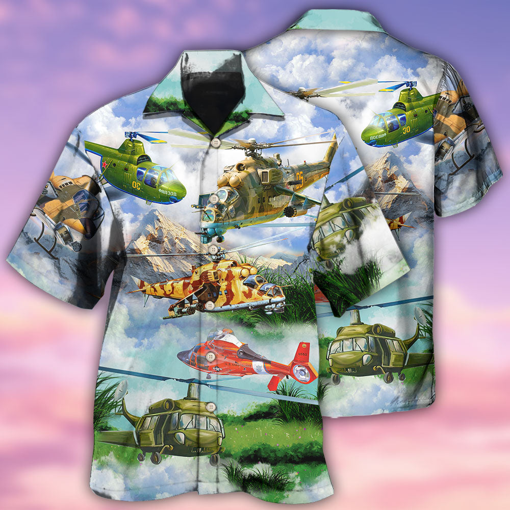 Helicopter Real Pilots Don't Need Runway Mountain Sky - Hawaiian Shirt - Reefox