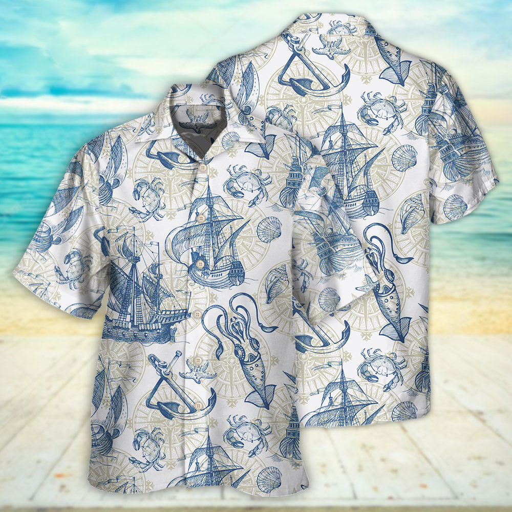 Ocean Life Vintage Sailboat Sea Monster Geographical Maps - Hawaiian Shirt - Reefox