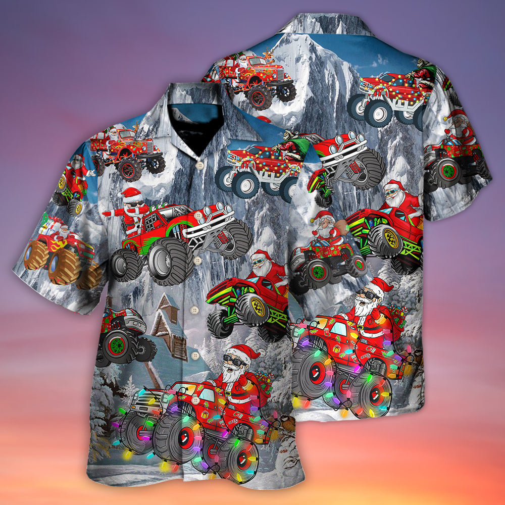 Christmas Santa Claus Riding Red Truck Snow Mountain Art Style - Hawaiian Shirt - Reefox