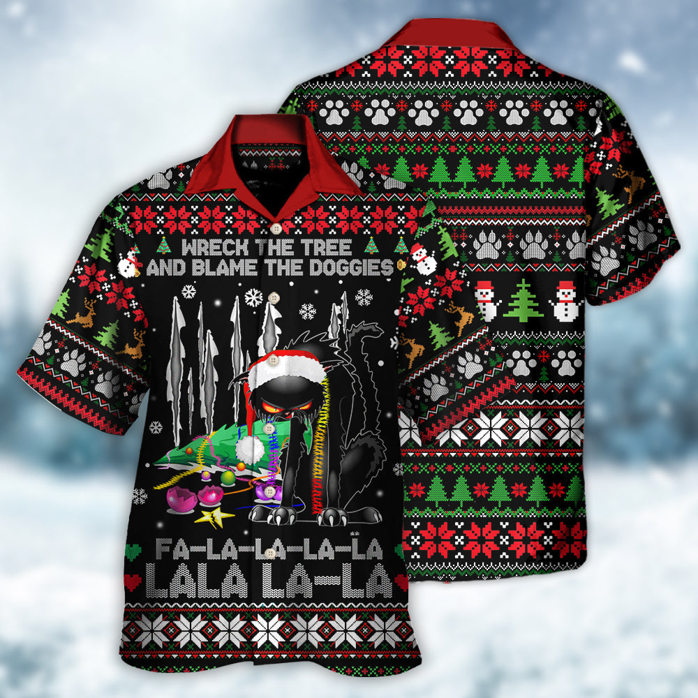 Black Cat Wreck The Tree Light Funny Ugly Style Christmas - Hawaiian Shirt - Reefox