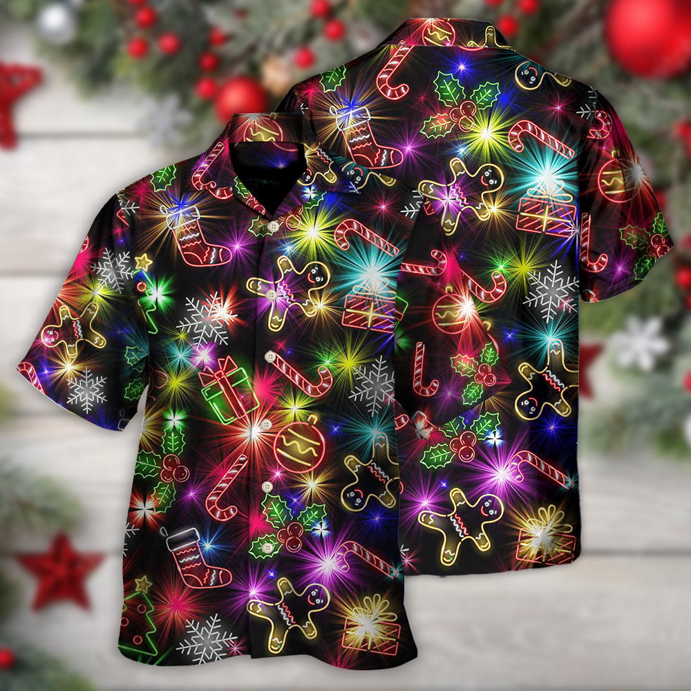 Christmas With Tree And Gift Cookies Gingerbread Man Neon Style - Hawaiian Shirt - Reefox