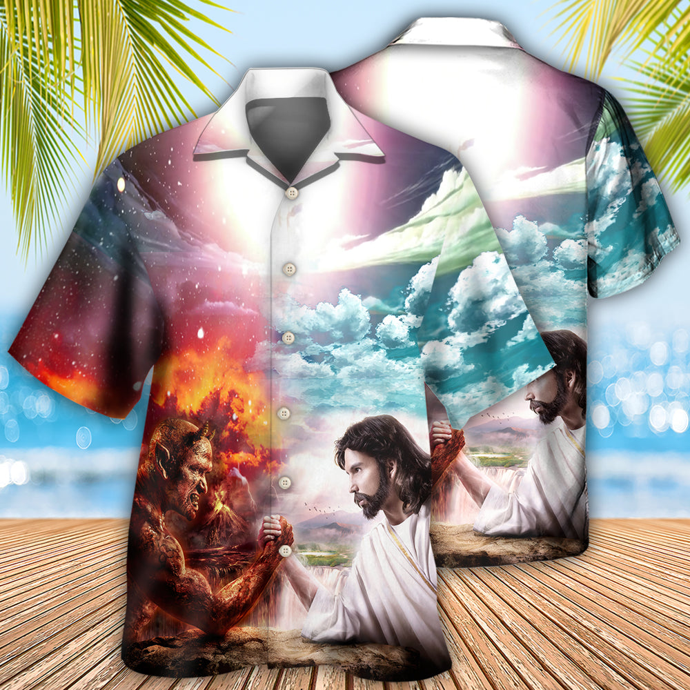 Wrestling Arm Wrestling Jesus vs Satan - Hawaiian Shirt - Reefox