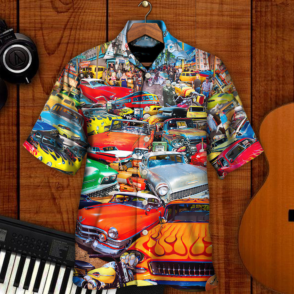 Car Retro Guitar Palm Trees - Hawaiian Shirt - Reefox