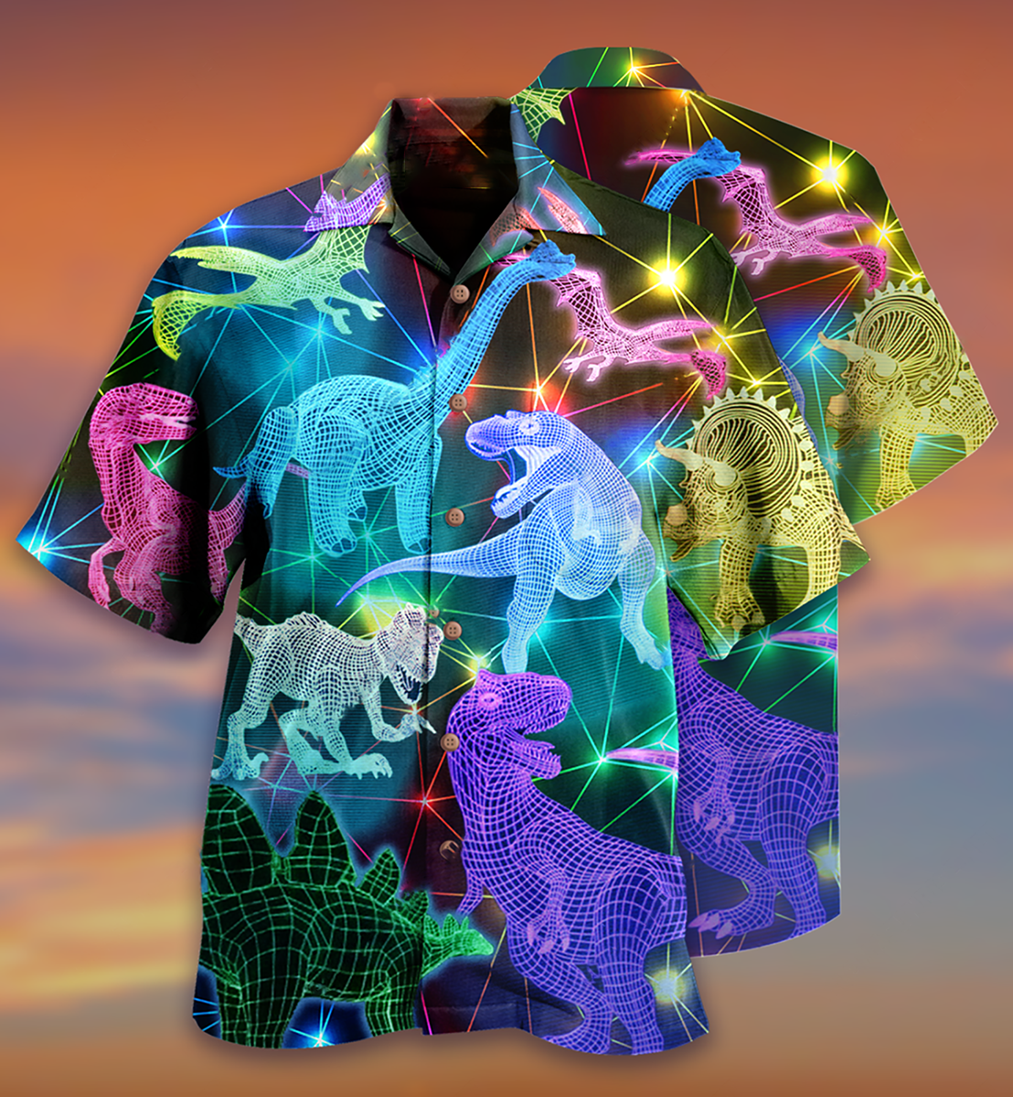 Dinosaur Fullcolor Neon Cool - Hawaiian Shirt - Reefox