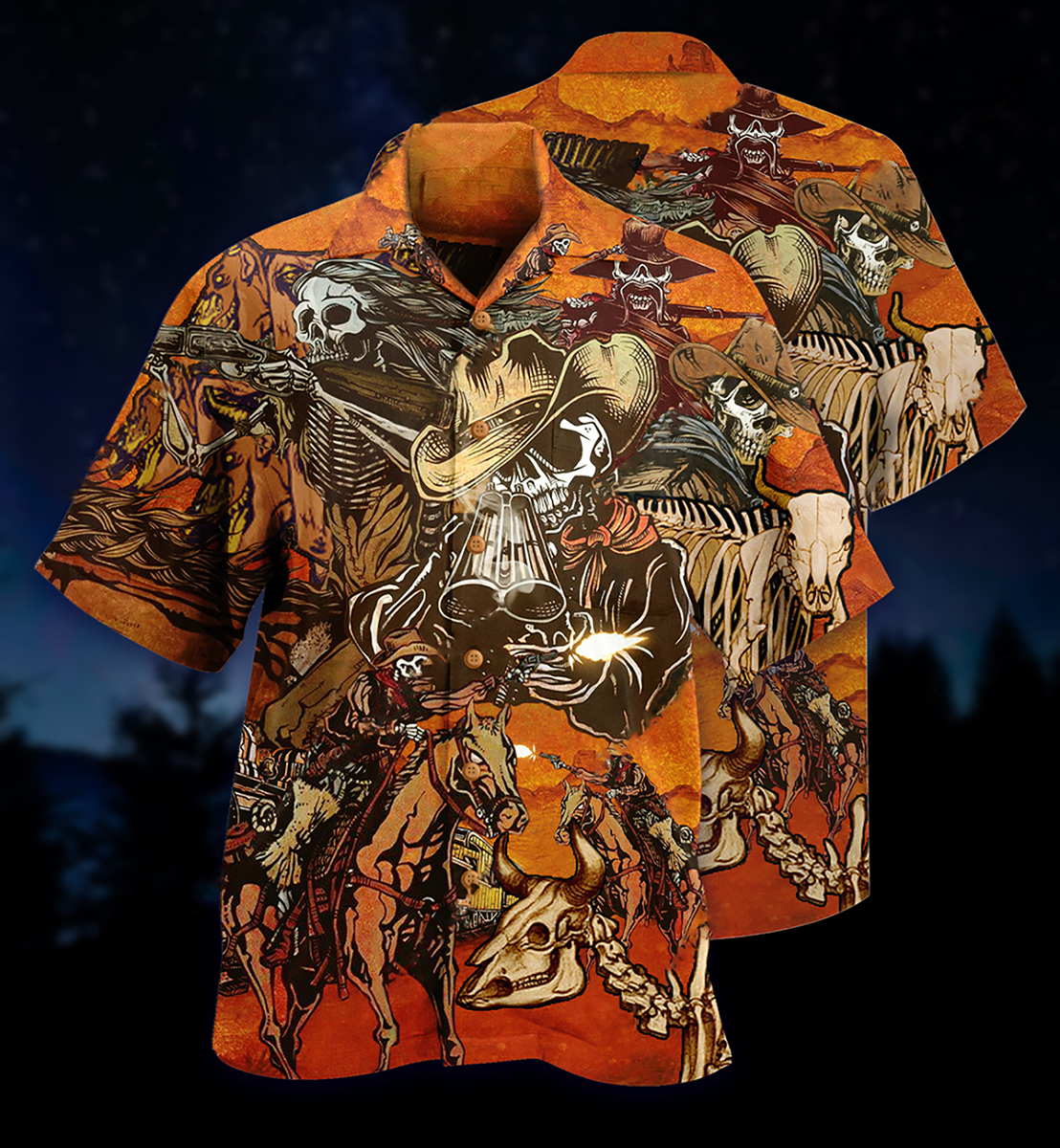 Cowboy Skull War Orange - Hawaiian Shirt - Reefox