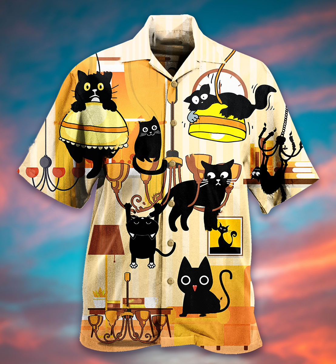 Black Cat Yellow Dinner Style - Hawaiian Shirt - Reefox