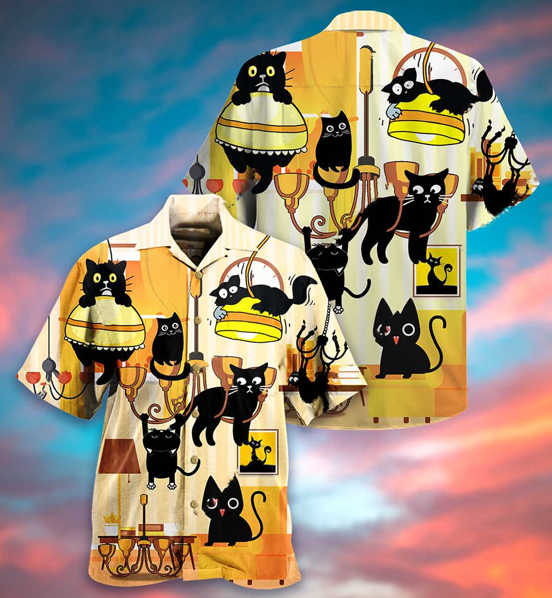 Black Cat Yellow Dinner Style - Hawaiian Shirt - Reefox