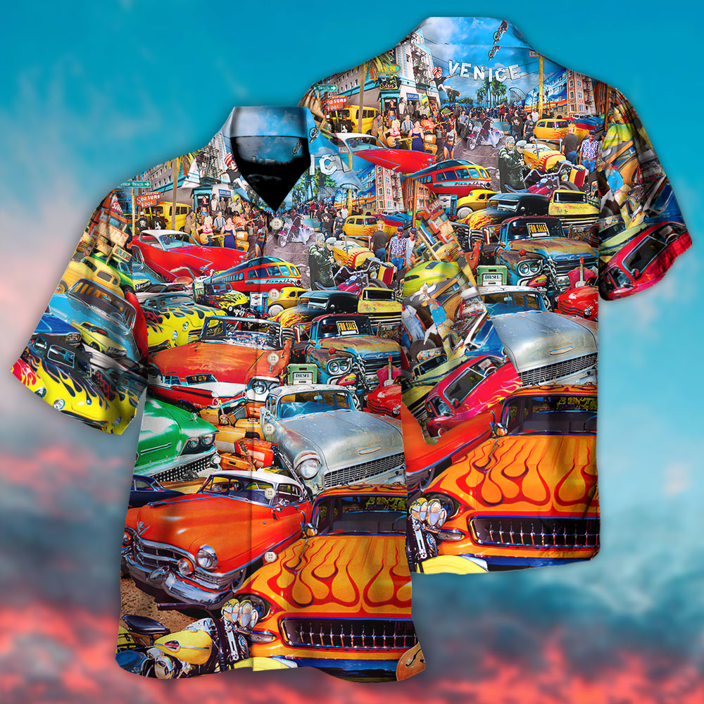 Car Retro Guitar Palm Trees - Hawaiian Shirt - Reefox