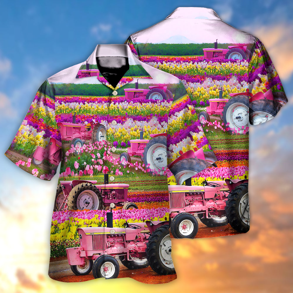 Tractor In Field Tulip Rural Landscape Majestically - Hawaiian Shirt - Reefox