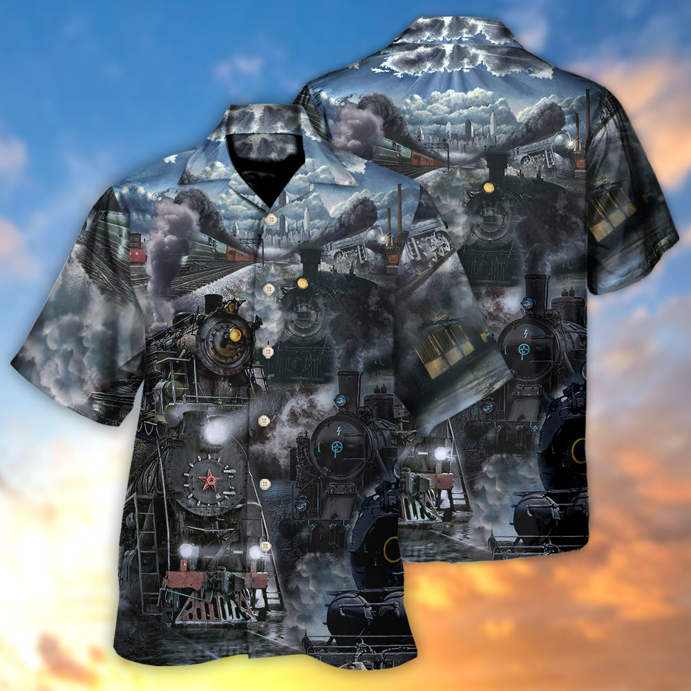 Train Emerging From A Cloud Of Steam In The Middle Night - Hawaiian Shirt - Reefox