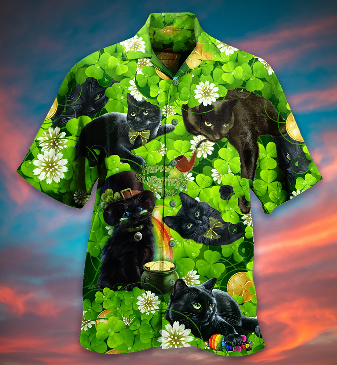 Black Cat Love Green Leaf - Hawaiian Shirt - Reefox