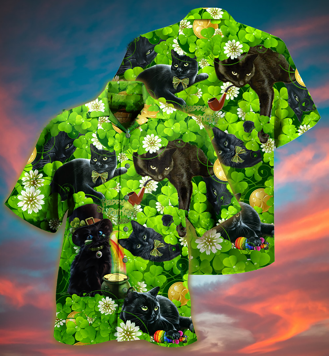 Black Cat Love Green - Hawaiian Shirt - Reefox
