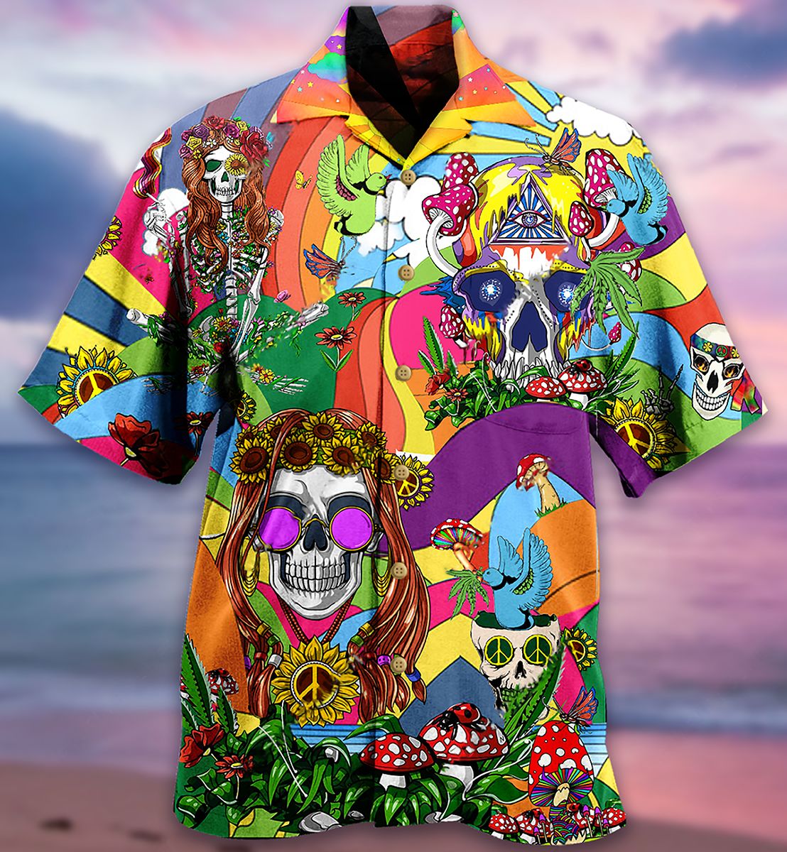 Hippie Skull Peace Life Color So Funny - Hawaiian Shirt - Reefox
