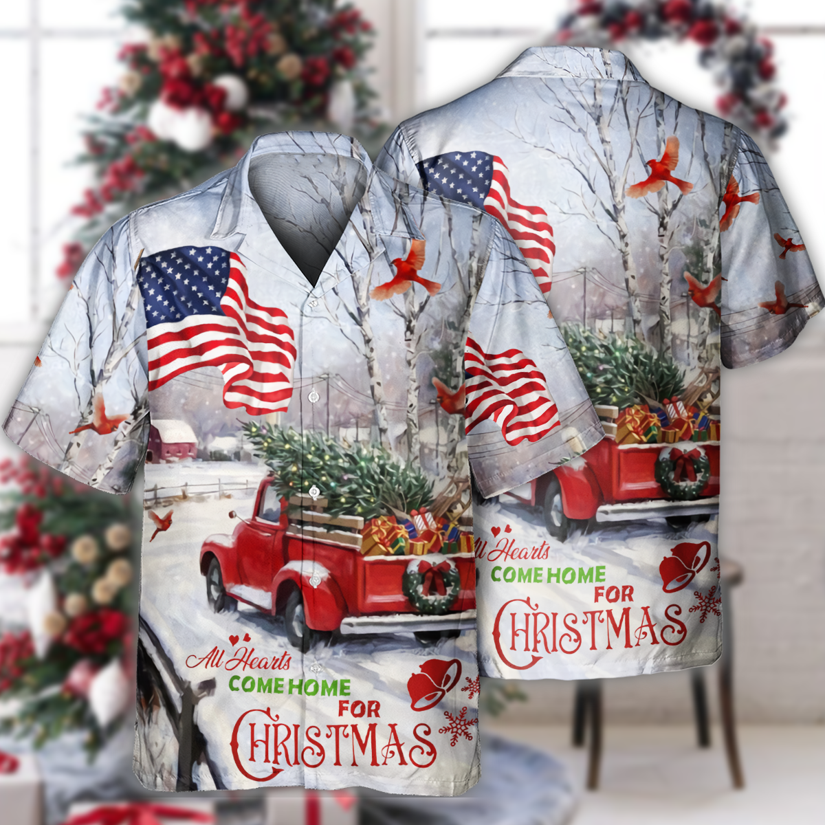 Truck All Hearts Come Home For Christmas Truck With Cardinal And Snow - Hawaiian Shirt - Reefox