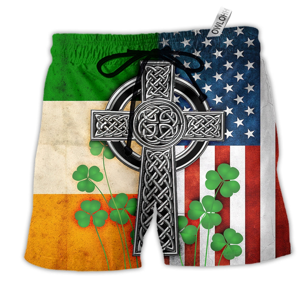 Beach Short / Adults / S American Flag Celtic Cross Irish Saint Patrick's Day All Over - Beach Short Reefox - Owls Matrix LTD