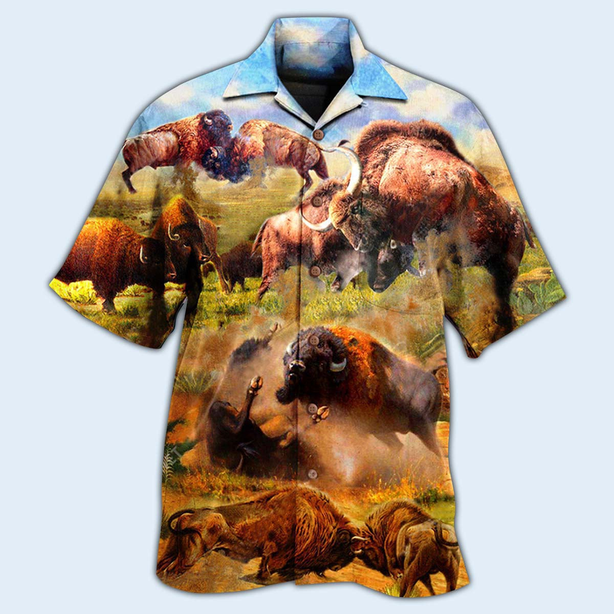 Bison Animals Bison In Wild Battle To Live - Hawaiian Shirt - Reefox