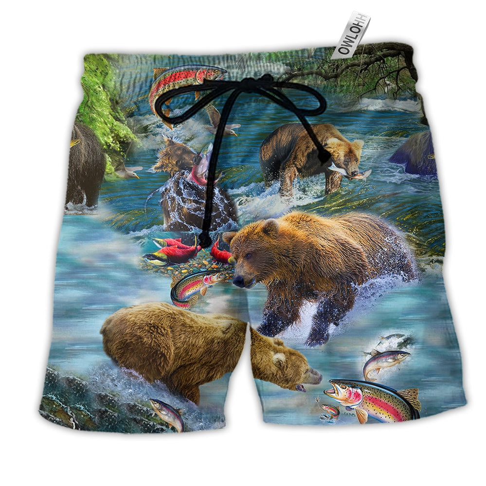 Beach Short / Adults / S Bear Amazing Salmon Hunting With Animals - Beach Short Reefox - Owls Matrix LTD