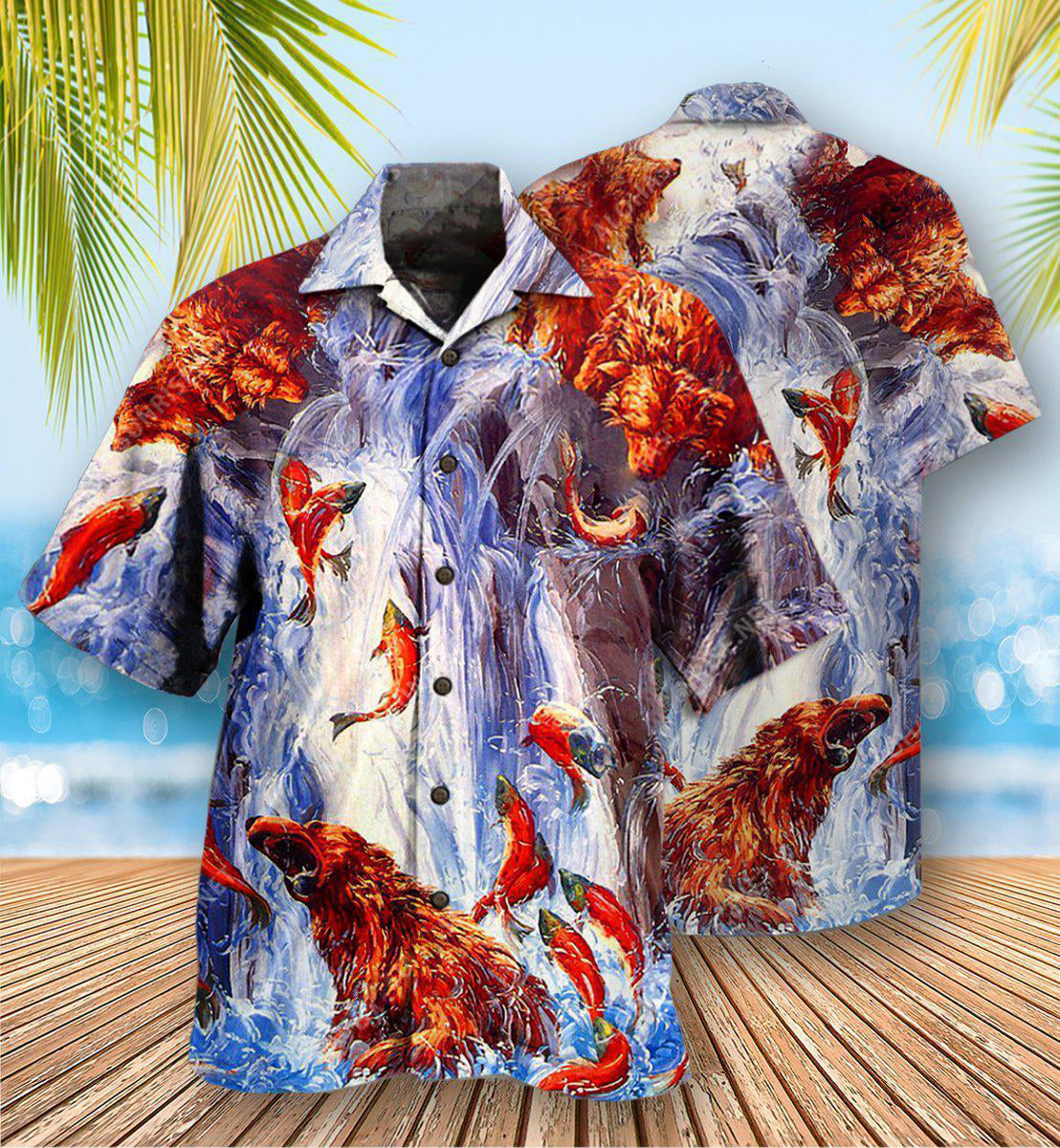 Bear Fighting And Dancing In Waterfall - Hawaiian Shirt - Reefox