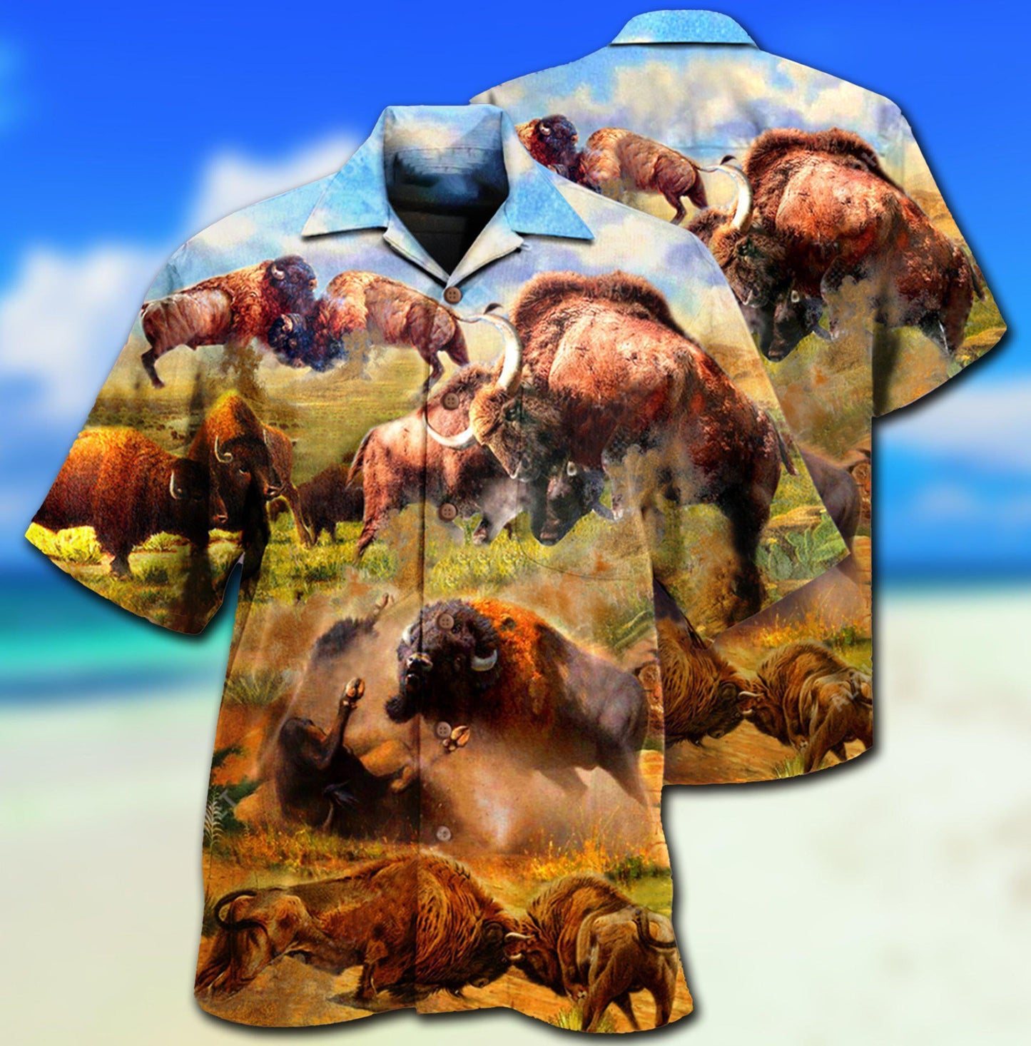 Bison Animals Bison In Wild Battle To Live - Hawaiian Shirt - Reefox