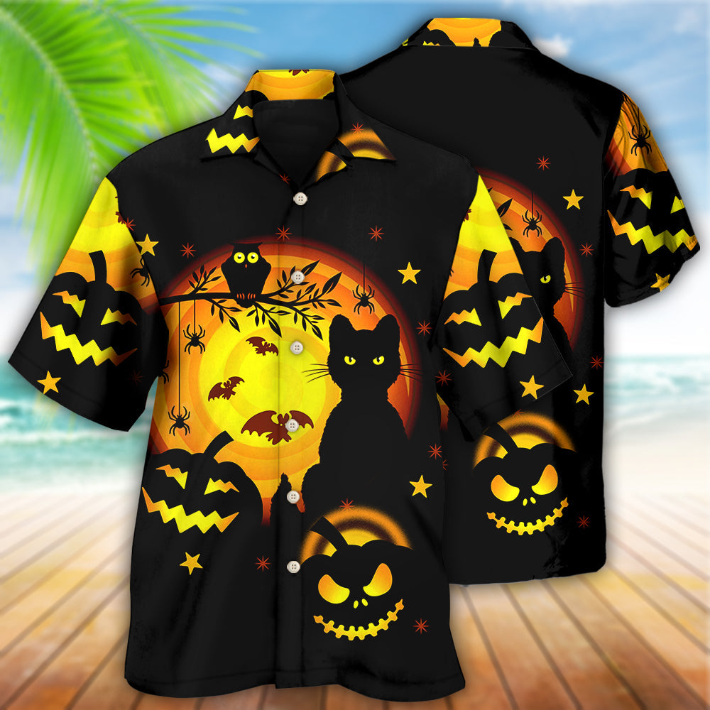 Halloween Awesome Black Cat And Pumpkin - Hawaiian Shirt - Reefox