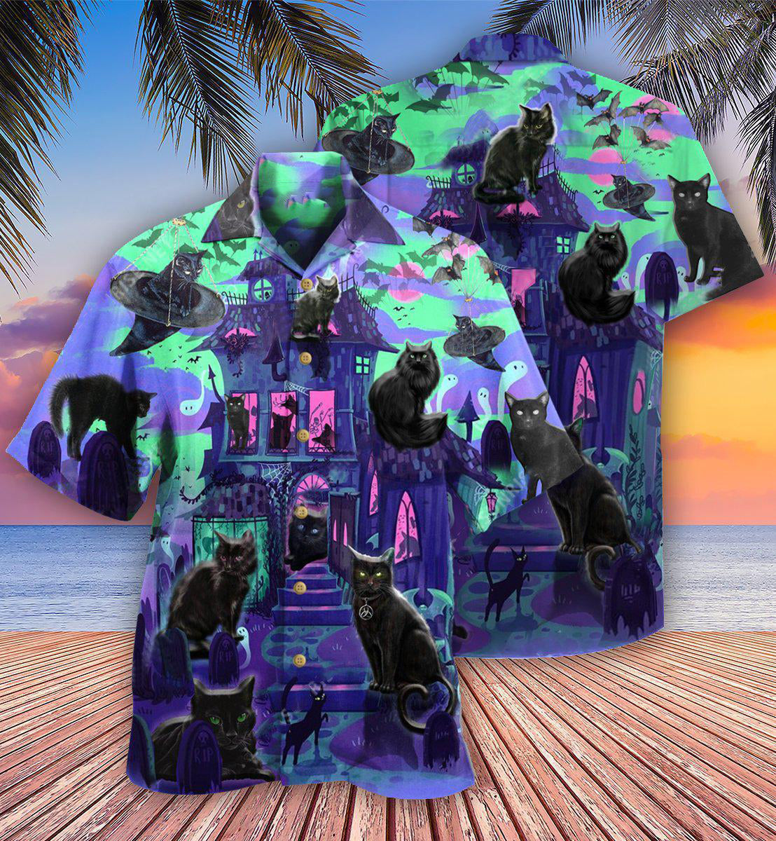 Black Cat In A Mysterious Haunted House - Hawaiian Shirt - Reefox