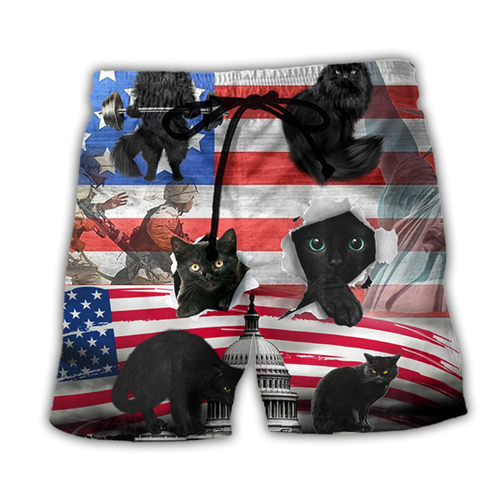 Beach Short / Adults / S Black Cat Independence Day America - Beach Short Reefox - Owls Matrix LTD