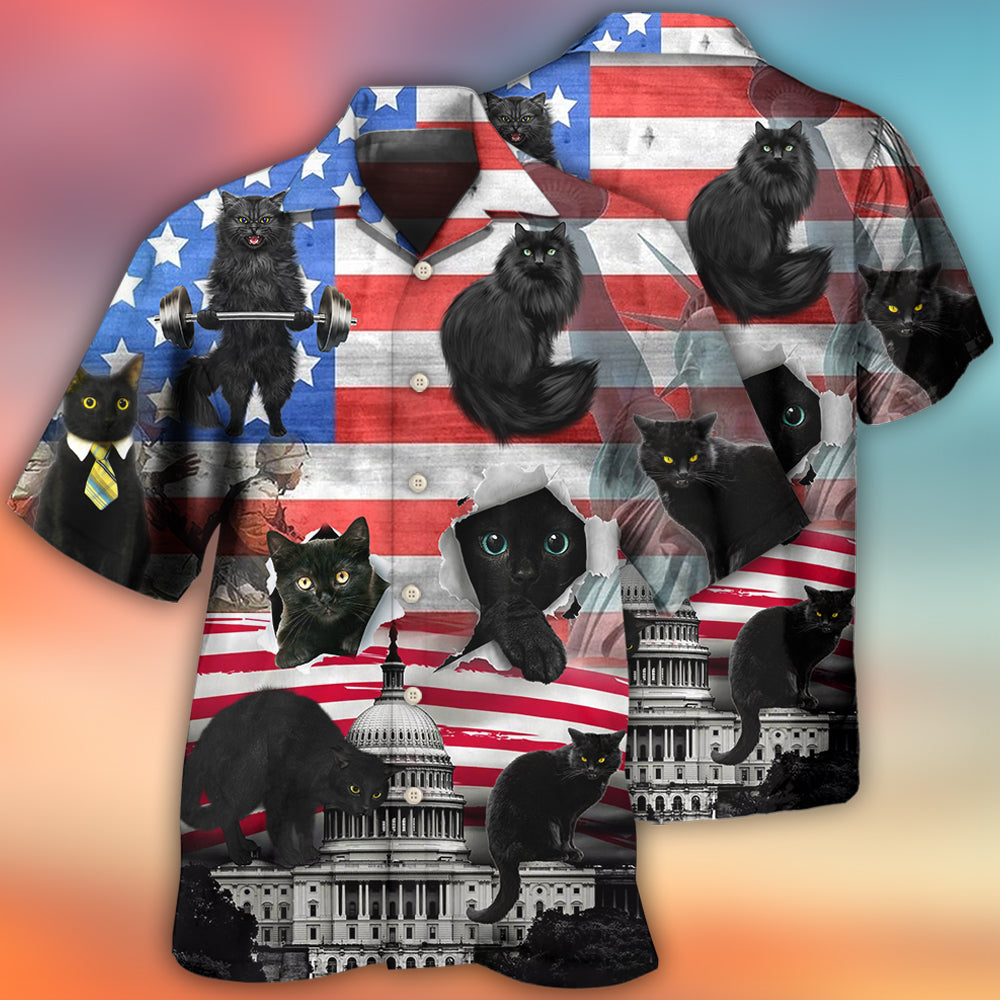 Black Cat Independence Day America - Hawaiian Shirt - Reefox