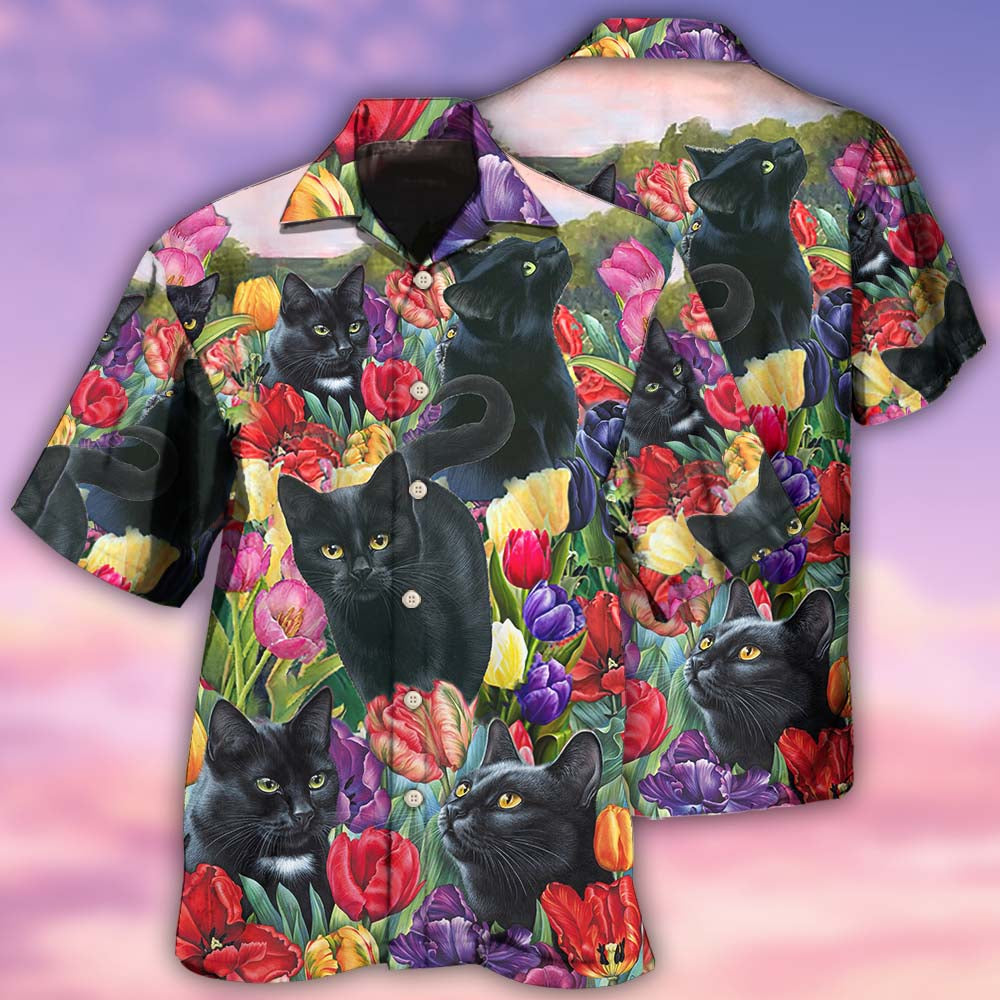 Black Cat Love Flowers Colorfull - Hawaiian Shirt - Reefox