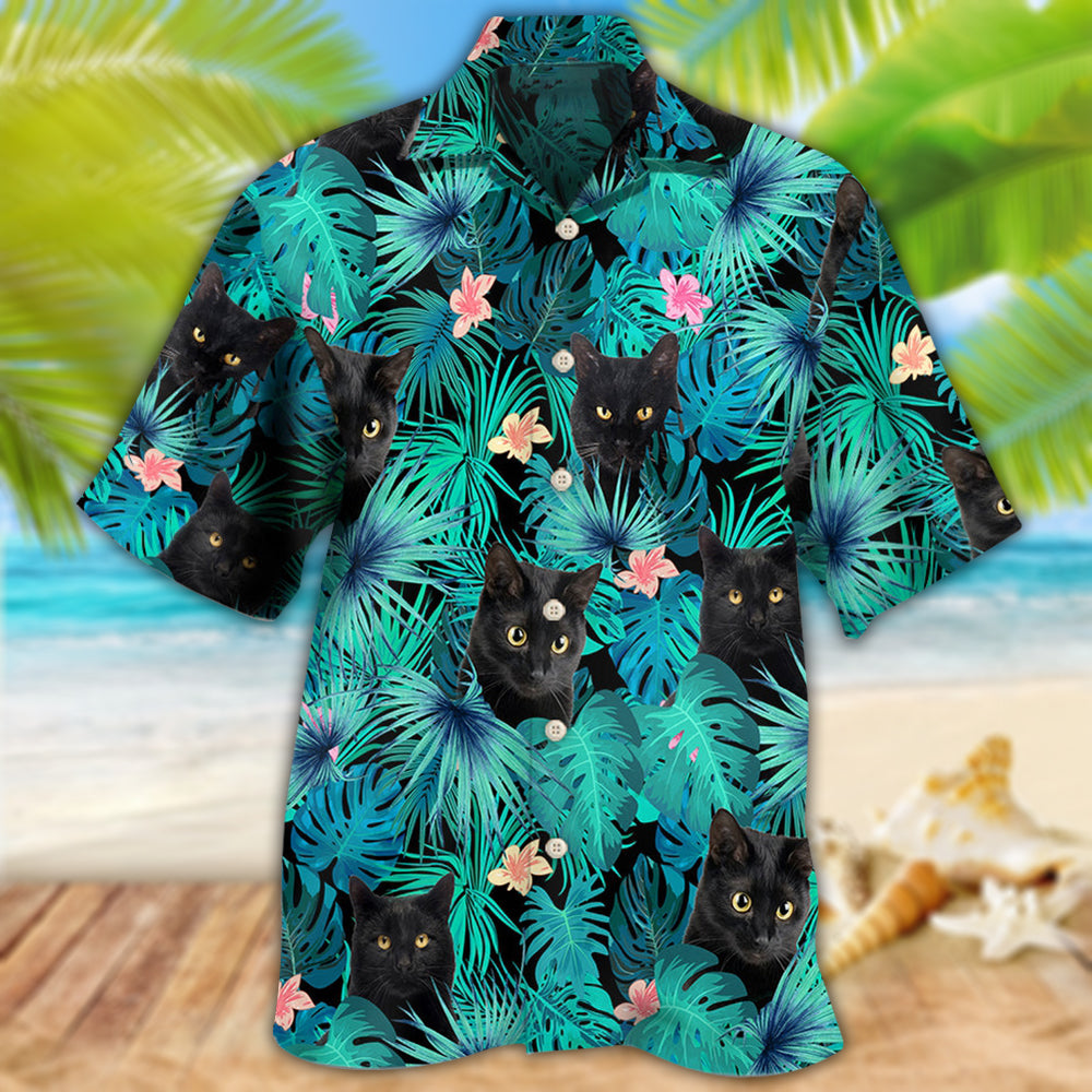 Black Cat Lover Tropical Leaf - Hawaiian Shirt - Reefox