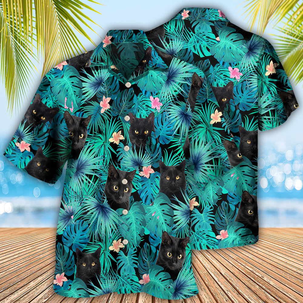 Black Cat Lover Tropical Leaf - Hawaiian Shirt - Reefox