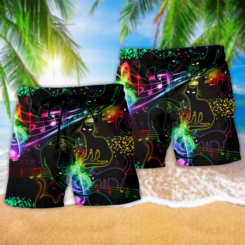 Black Cat The Magical Light Cats On Music Notes Cool - Beach Short Reefox - Owls Matrix LTD