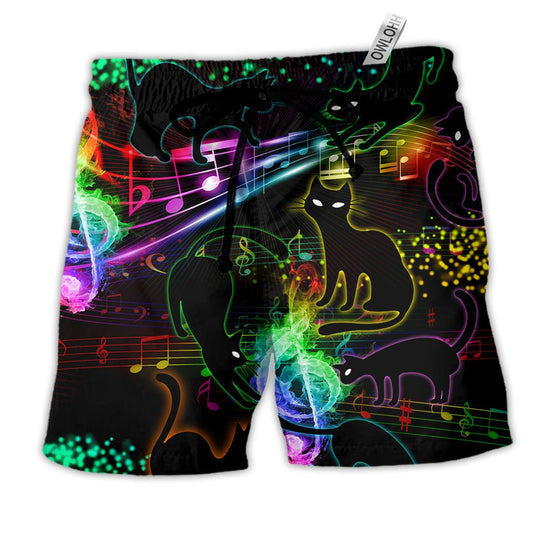 Beach Short / Adults / S Black Cat The Magical Light Cats On Music Notes Cool - Beach Short Reefox - Owls Matrix LTD