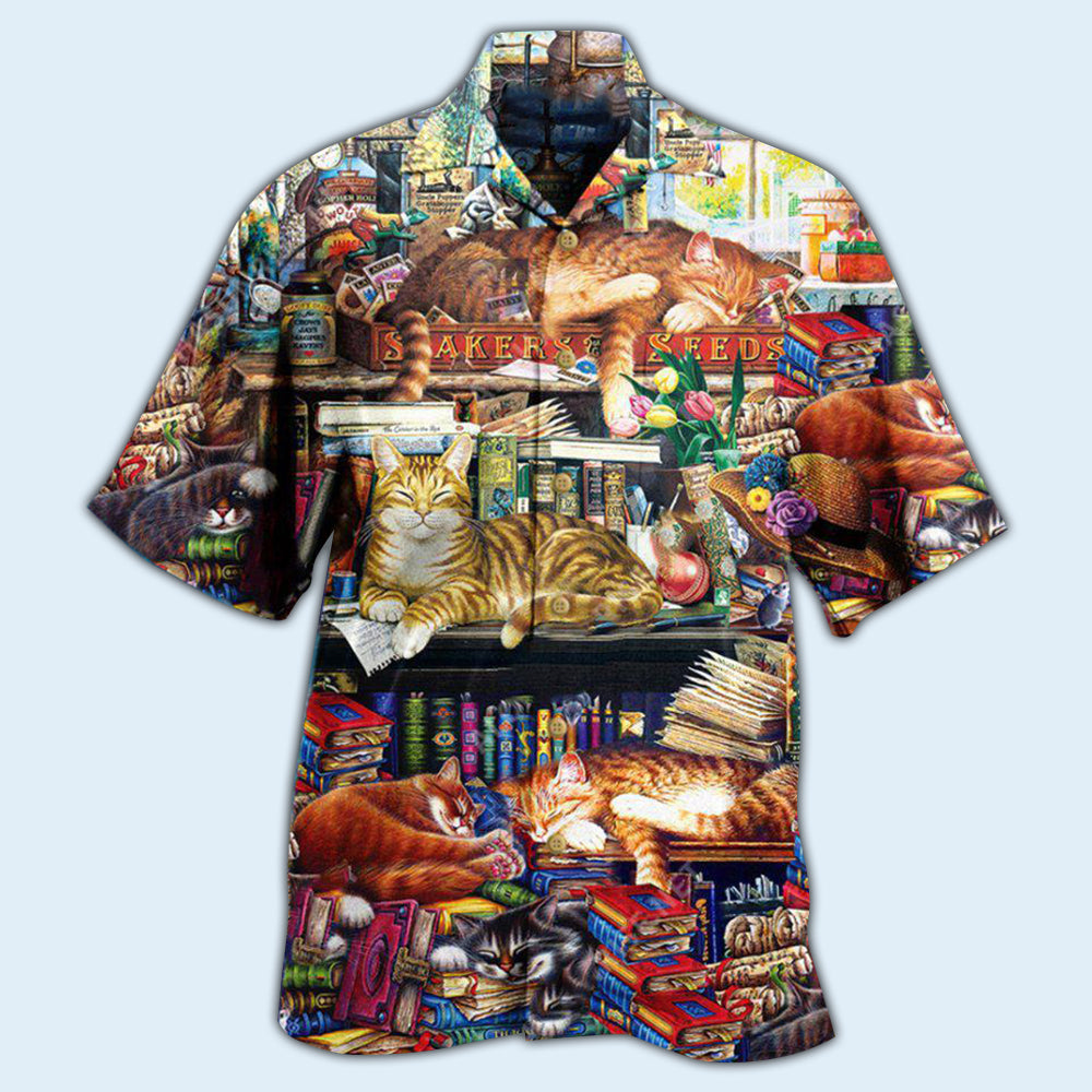 Cat Sleeping With Books Happiness Is A Good Book - Hawaiian Shirt - Reefox