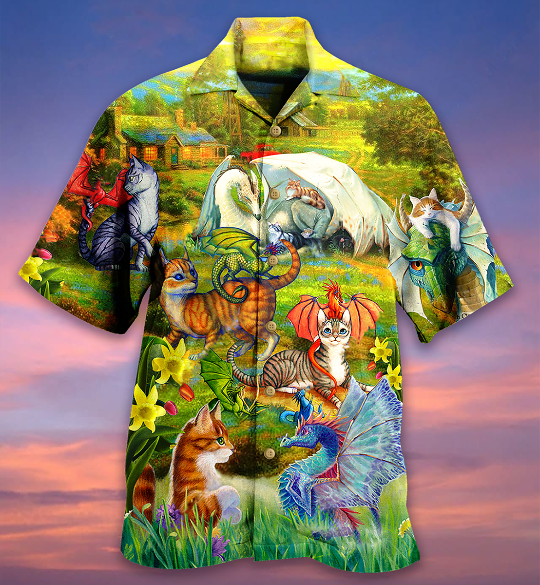 Dragon And Cats Love Life Beautiful Nature- Hawaiian Shirt - Reefox