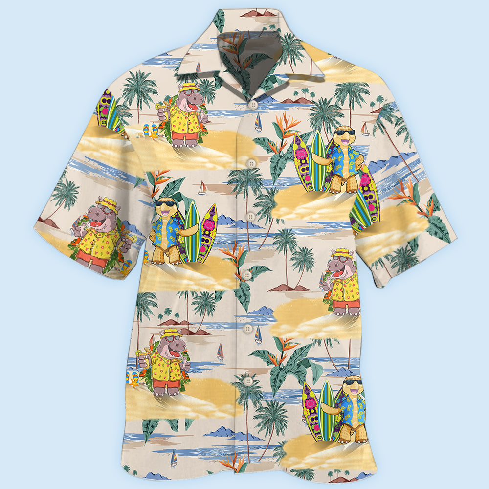 Cartoon Hippo And Turtle Tropical Style - Hawaiian shirt - Reefox