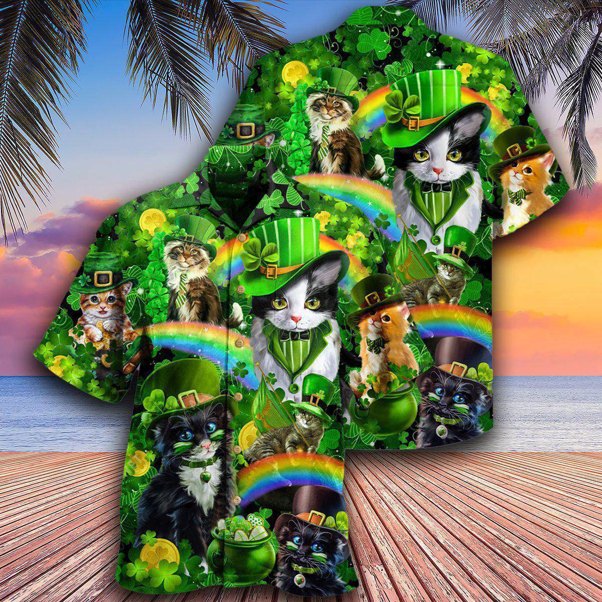 Irish Saint Patricks Day Cats Shamrocks - Hawaiian Shirt - Reefox