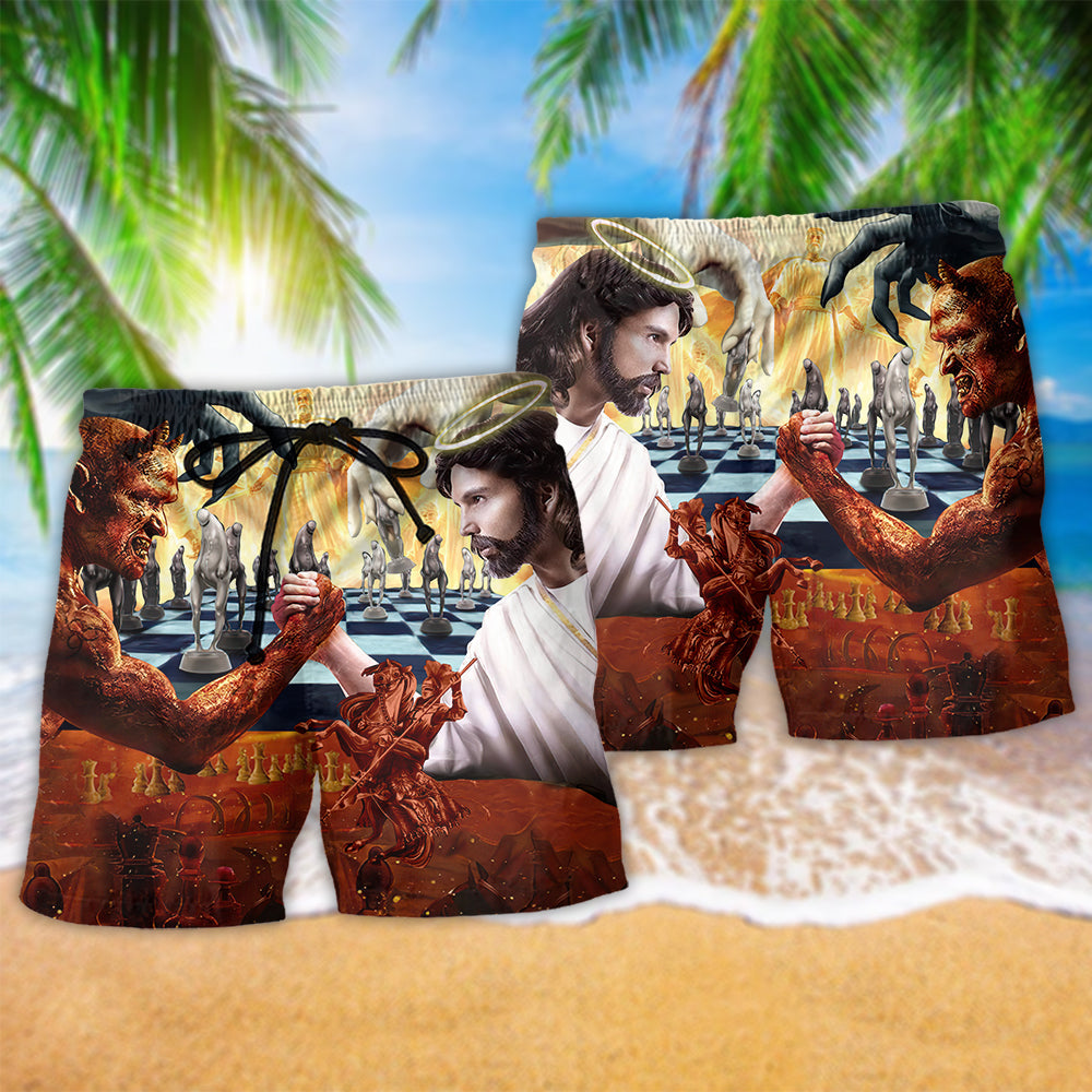 Chess Battle Satan Vs Jesus - Beach Short Reefox - Owls Matrix LTD