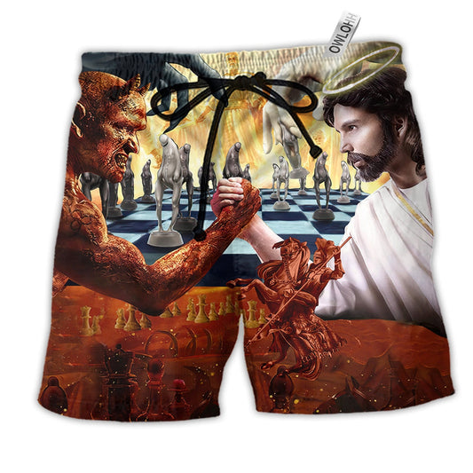 Beach Short / Adults / S Chess Battle Satan Vs Jesus - Beach Short Reefox - Owls Matrix LTD